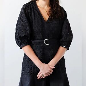 Black Puff Sleeve Textured Dress with Belt